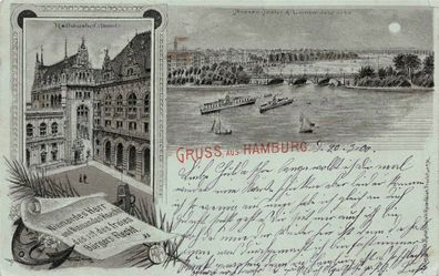 Gruss aus Hamburg Rathaushof Aussen-Alster & Lombardsbrücke AK 1900