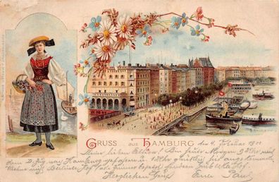 Gruss aus Hamburg Tracht Frau Boote Postkarte 1900