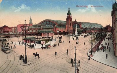 Hauptbahnhof mit Straßenbahn in Hamburg Postkarte AK 1917