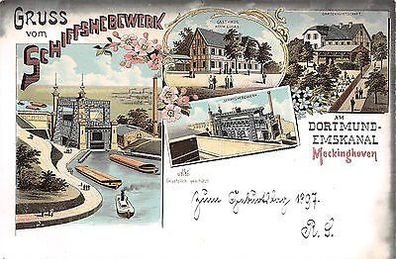 Dortmund Emskanal Meckinghoven Schiffshebewerk Litho Postkarte 1897