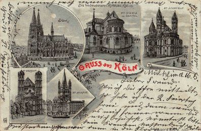 Gruß aus Köln Kirchen, ondschein Postkarte 1899