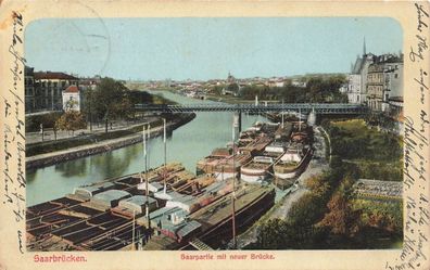 Saarpartie mit neuer Brücke Saarbrücken Saarland Postkarte AK 1911