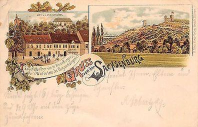 Gruss von Sachsenburg Gasthaus Restaurant zur Drei Schwänen Litho Postkarte 1896