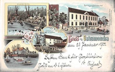 Ostramondra Gasthaus Bairischen Hof, Kegelbahn Grotte Litho Postkarte 1901