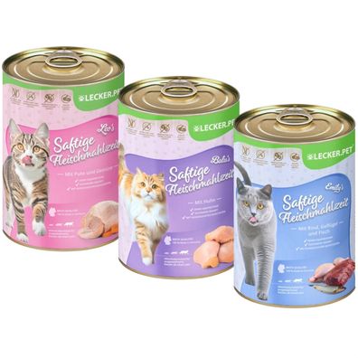 18 x 400 g Lecker. Pet® Balu's, Emily's & Leo's Saftige Fleischmahlzeit