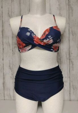 Bikini Set Dunkelblau Twist Blumendruck High Waist Größe L 42/44