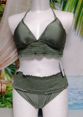 Bikini Set Olivgrün Neckholder CUPSHE Gesmokt Größe L 44/46