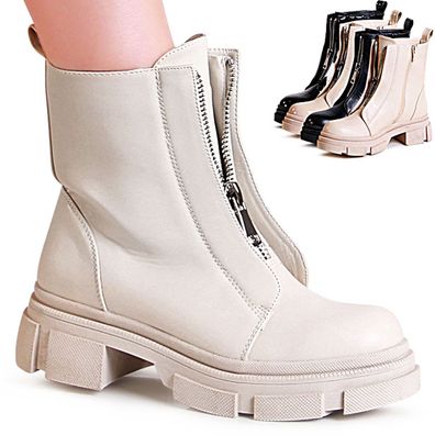 topschuhe24 2196 Damen Plateau Stiefeletten Worker Biker Boots