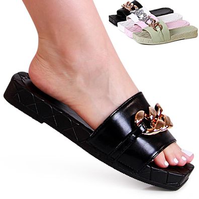 topschuhe24 2119 Damen Plateau Sandalen Eckige Pantoletten Ketten