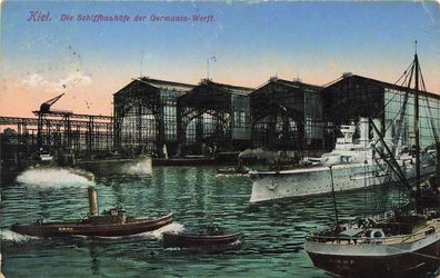 Die Schiffbauhöfe der Germania-Werft Kiel Schleswig-Holstein Postkarte AK 1915