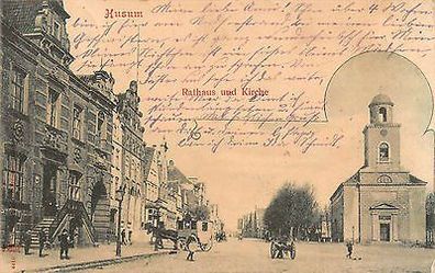 Husum Rathaus und Kirche, Kinder auf Strasse Postkarte 1900