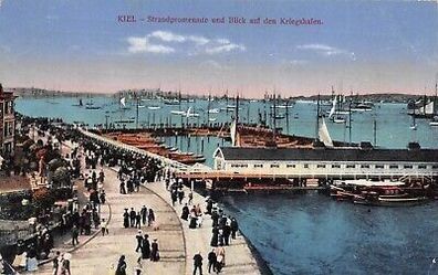 Kiel Strandpromenade und Blick auf den Kriegshafen Feldpostkarte AK 1914