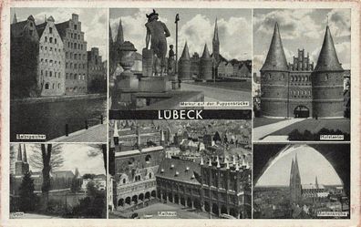 Rathaus, Dom und Kirche Lübeck Schleswig-Holstein Panorama-Postkarte AK 1939