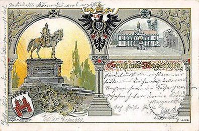 Gruss aus Magdeburg Kaiser Denkmal, Wappen Litho Postkarte 1897