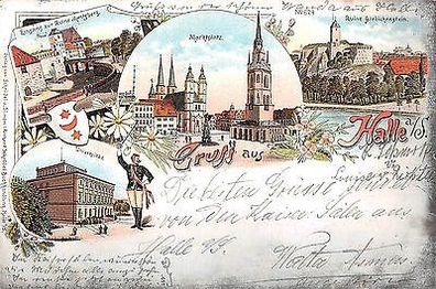 Halle (Saale) Marktplatz Universität, Student Litho Postkarte 1897