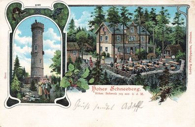 Aussichtsturm und Restauration Hoher Schneeberg Böhmen Postkarte AK 1906