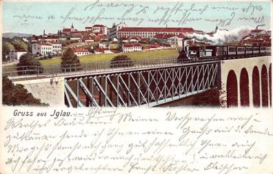 Gruss aus Iglau Brücke Eisenbahn Lok Mähren Postkarte AK 1902