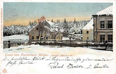 Gruß vom Fischerhaus Moldau Böhmen Winter Postkarte 30.12.1903