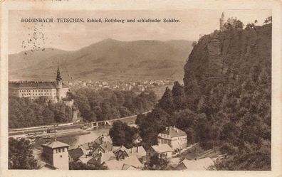 Schloss Rothenburg und schlafender Schäfer Bodenbach-Tetschen Böhmen AK 1928