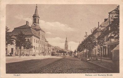 Tilsit Ostpreussen Rathaus und Deutsche Strasse , Strassenbahn Postkarte 1917