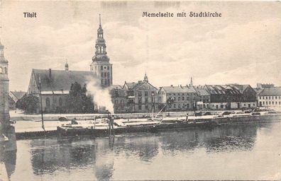 Tilsit Ostpreußen Memelseite mit Stadtkirche Postkarte 1915