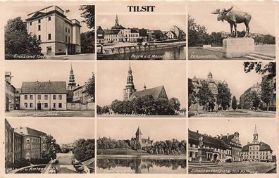 Tilsit Thesingplatz, Theater, Königin-Luise Haus Ostpreussen Panoramakarte AK