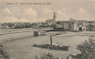 Blick auf Oderbrücke und Stadt Crossen an der Oder Ostbrandenburg Postkarte AK