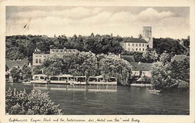 Blick auf Hotel am See und Burg Lagow Neumark/Ostbrandenburg Postkarte AK 1938