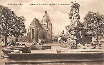 Landsberg a.W. Marktplatz mit St. Marienkirche Pauckschbrunnen Postkarte AK 1911