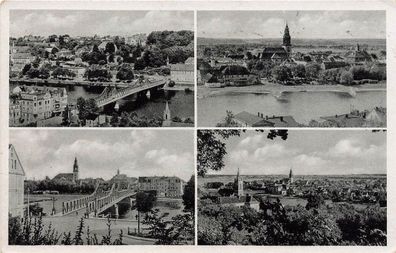 Panorama mit Brücke und Kirche Crossen Oder Neumark/Ostbrandenburg Postkarte AK