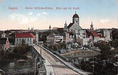 Sagan Kaiser Wilhelm-Brücke Blick auf die Stadt Feldpostkarte AK 1915