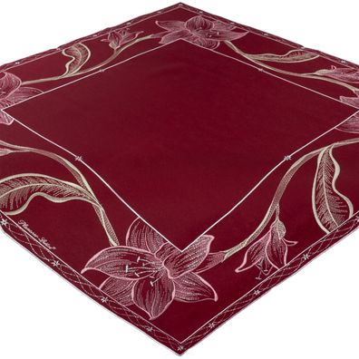 Plauener SPITZE Tischdecke Weihnachten 84x84 Bordeaux Stickerei Amaryllis