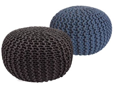 Sitzhocker Pouf SET 2 Stück H 37 cm Strickhocker Grobstrick-Optik schwarz blau