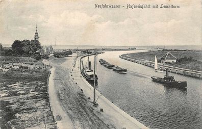 AK Neufahrwasser Gdansk Dampfer am Hafeneinahrt mit Leuchtturm 1916