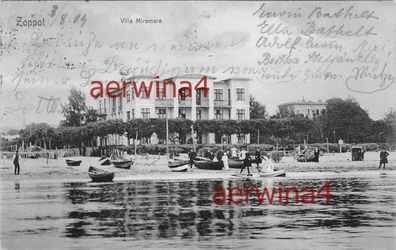 AK Zoppot Strandansicht Villa Miramare Danzig 1909