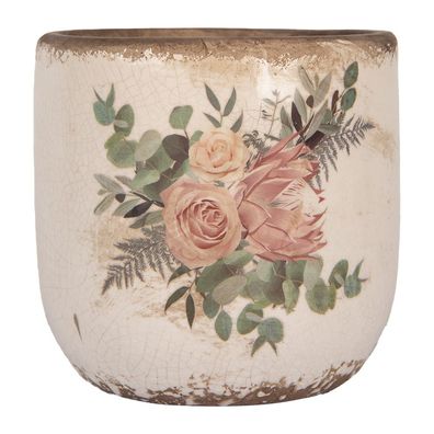 Clayre & Eef Blumentopf Ø 14x13 cm Beige Keramik Blumen (Gr. Ø 14x13 cm)