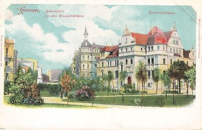 Bahnhofstrasse mit Kreisständehaus in Gnesen Posen Litho Postkarte AK