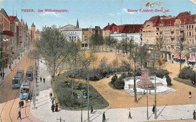 Posen Wilhelmsplatz Strassenbahn , Friedrich Denkmal AK 1916