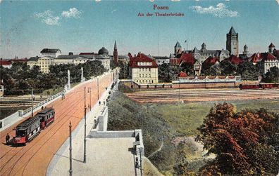 Posen An der Theaterbrücke Straßenbahn Feldpostkarte AK