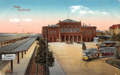 Posen Hauptbahnhof Bahnsteig 1 Straßenbahn Feldpost AK 1918