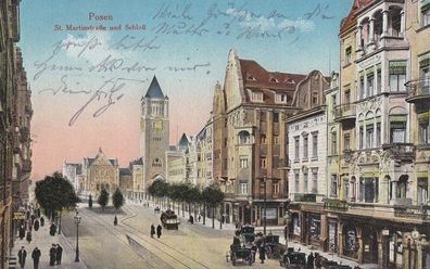 Posen St. Martinstraße und Schloß Strasse Postkarte 1915