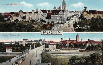 Posen An der Schlossbrücke Theaterbrücke Straßenbahn Postkarte AK