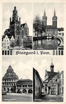 Stargard Pommern Marienkirche, Rathaus, Mühlentor Postkarte 1940 Feldpost