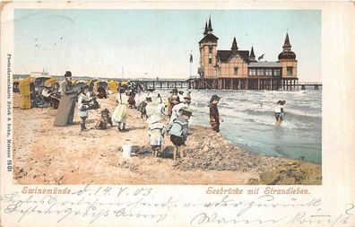 Swinwmünde / Swinoujscie Westpommern Seebrücke mit Strandleben Kinder 1903