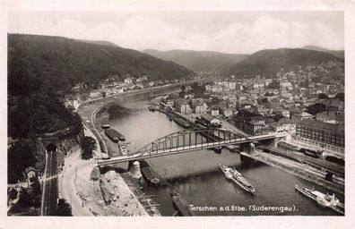 Ansicht Brücke in Tetschen an der Elbe Sudetengau Sudeten Postkarte AK 1941