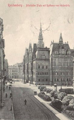 Altstädter Platz mit Rathaus von rückwärts Reichenberg Sudetenland Postkarte