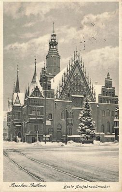 Beste Neujahrswünsche Rathaus im Winter Breslau Schlesien Postkarte AK 1940