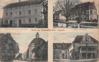 Prausnitz Bez. Liegnitz Schlesien Bäckerei , Kirche, Schloß Postkarte