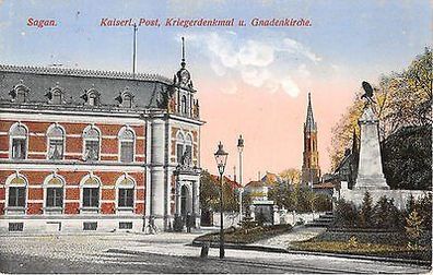 Sagan Kaiser Post Kriegerdenkmal und Gnadenkirche gelaufen 1915