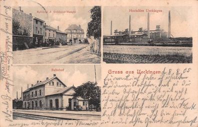 Gruss aus Ueckingen Hochöfen Bahnhof Epicerie Postkarte AK 1905